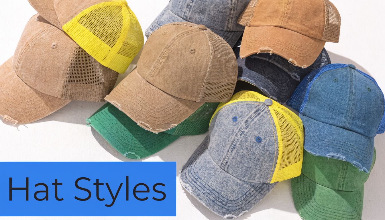 A collection of various distressed trucker hats in multiple colors arranged on a white background.
