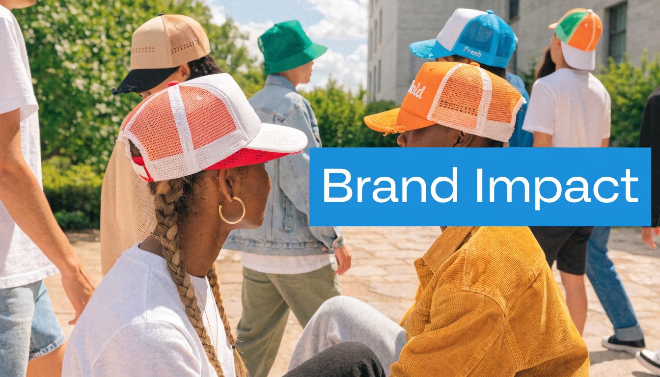 A diverse group of young people wearing colorful distressed trucker hats outdoors on a sunny day.