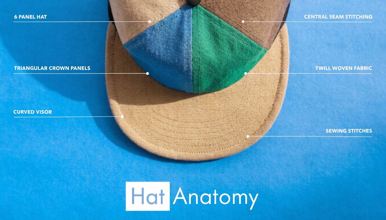 A diagram of a multi-colored six-panel hat labeled with its key anatomical parts on a blue background.