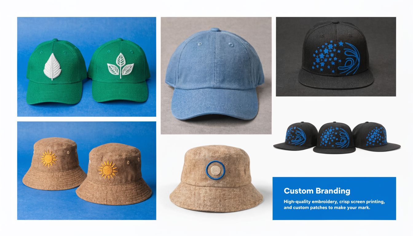 A collection of custom branded hats including green baseball caps, a blue cap, and embroidered bucket hats.