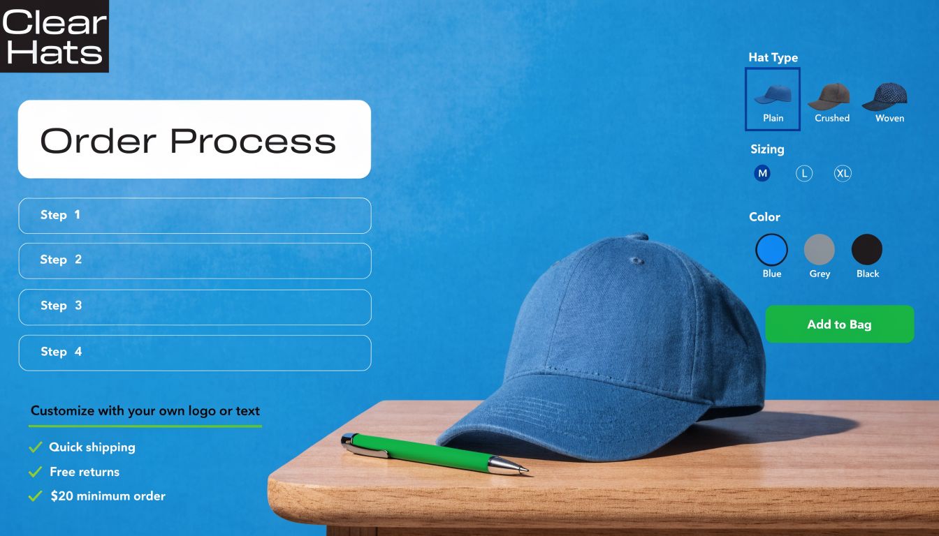 A product design interface showing a 6-panel hat mockup with customization options for types, sizing, and colors.