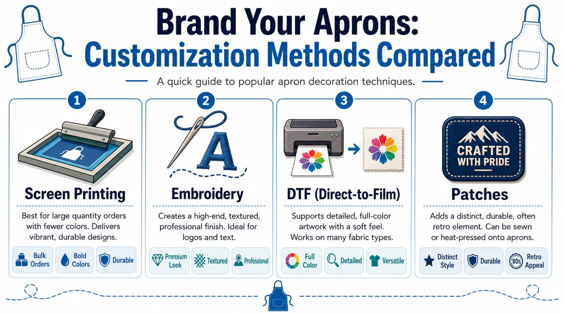 An infographic comparing four common apron customization methods including screen printing, embroidery, DTF, and custom patches.