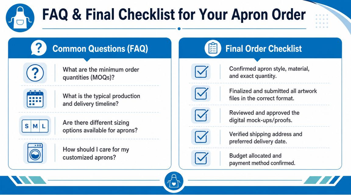 An infographic titled FAQ and Final Checklist for ordering custom aprons, organized for easy customer review.