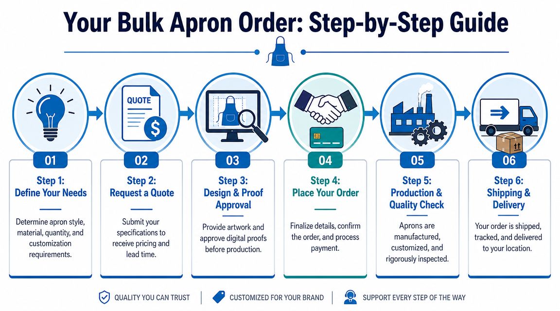 A six-step infographic guide explaining the process for ordering custom aprons in bulk for business branding.
