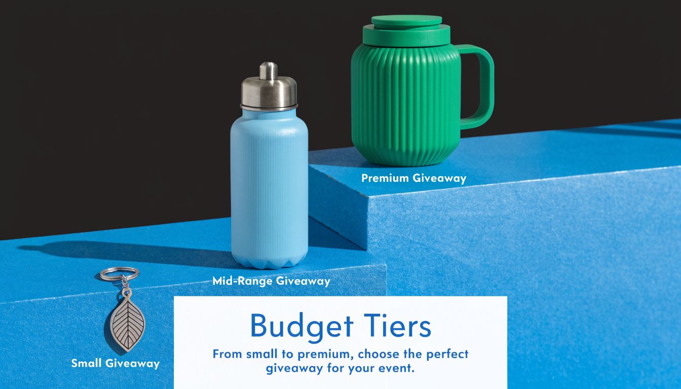 A display showing three tiers of corporate giveaways including a keychain, water bottle, and a thermal mug.