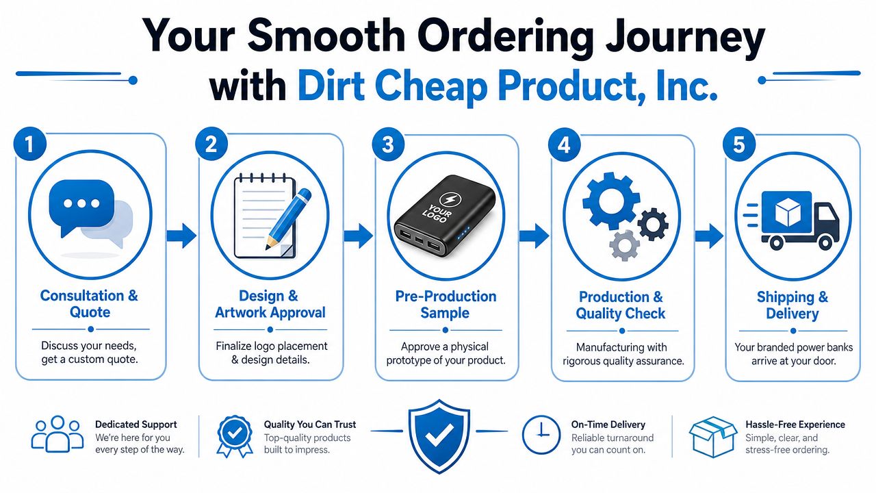 A five-step infographic showing the branded power bank ordering process with Dirt Cheap Product, Inc.