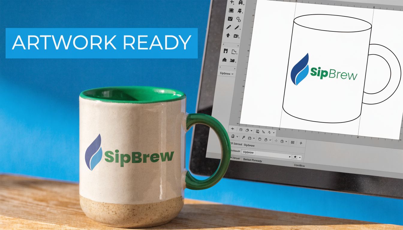 A ceramic coffee mug with the SipBrew logo next to a computer screen showing digital mug branding.