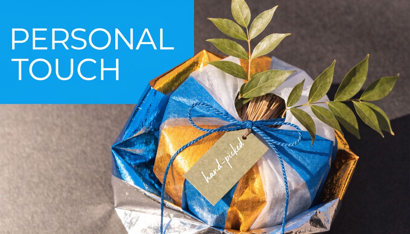 A wrapped gift decorated with a green leaf and a hand-picked tag against a bright blue background.