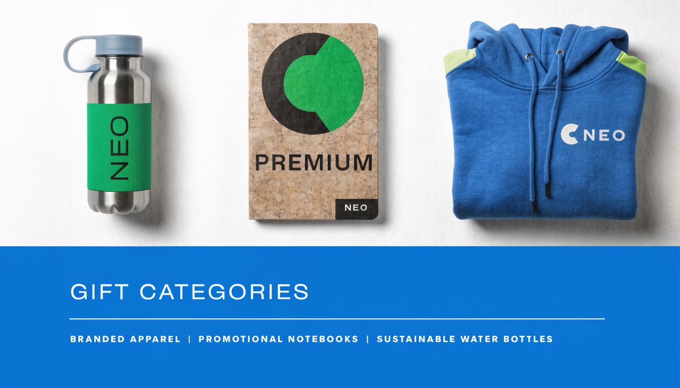A flat lay of corporate gift items including a branded water bottle, notebook, and blue hoodie.