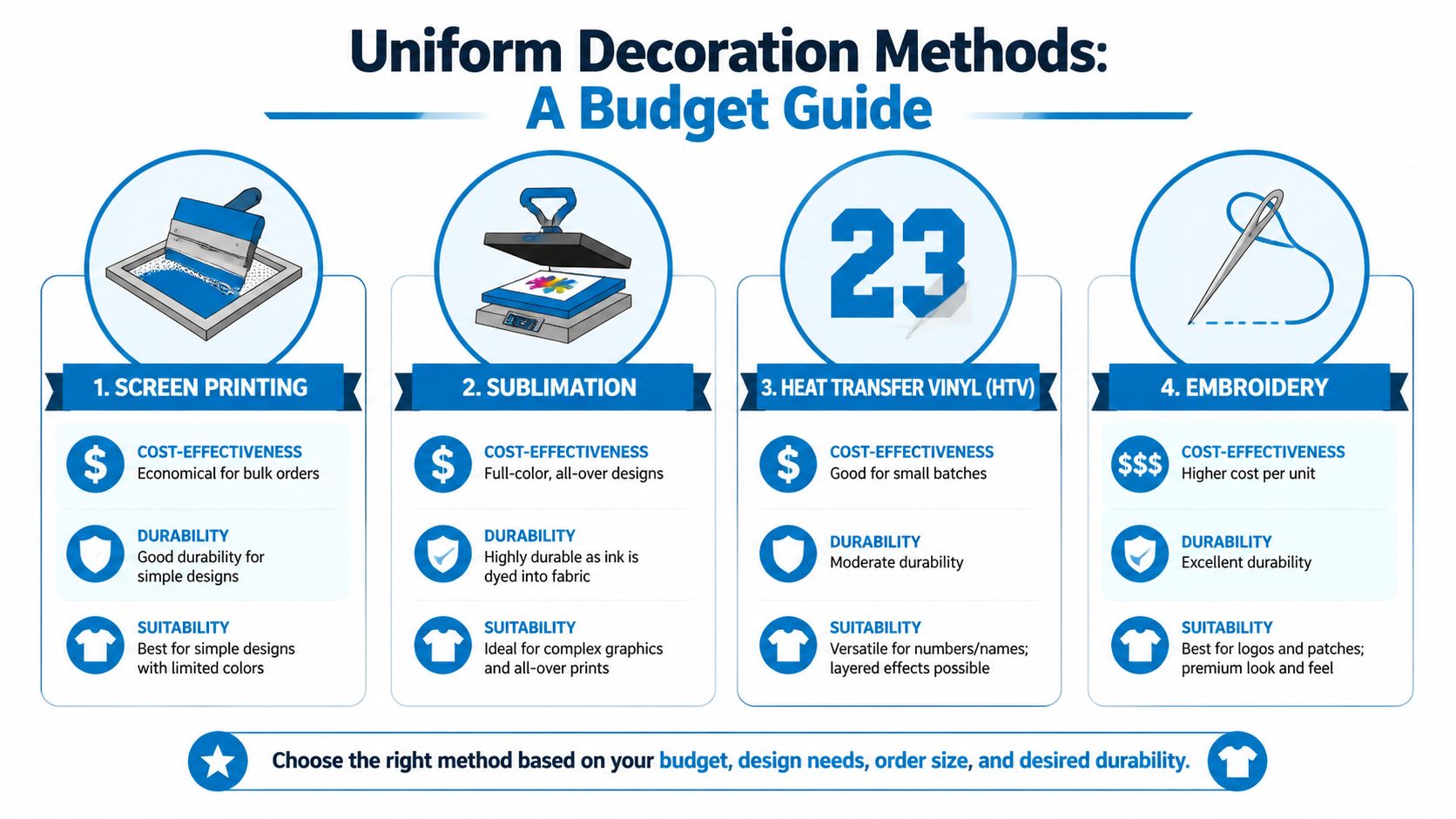 A guide comparing four uniform decoration methods: screen printing, sublimation, heat transfer vinyl, and embroidery with cost-effectiveness.