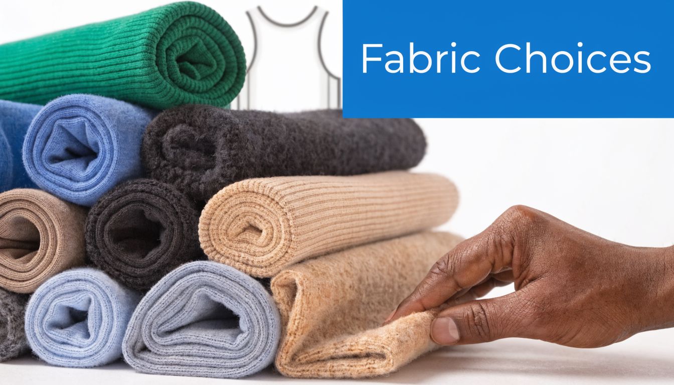 A close-up of a hand touching different colors and textures of fabric rolls for custom clothing.
