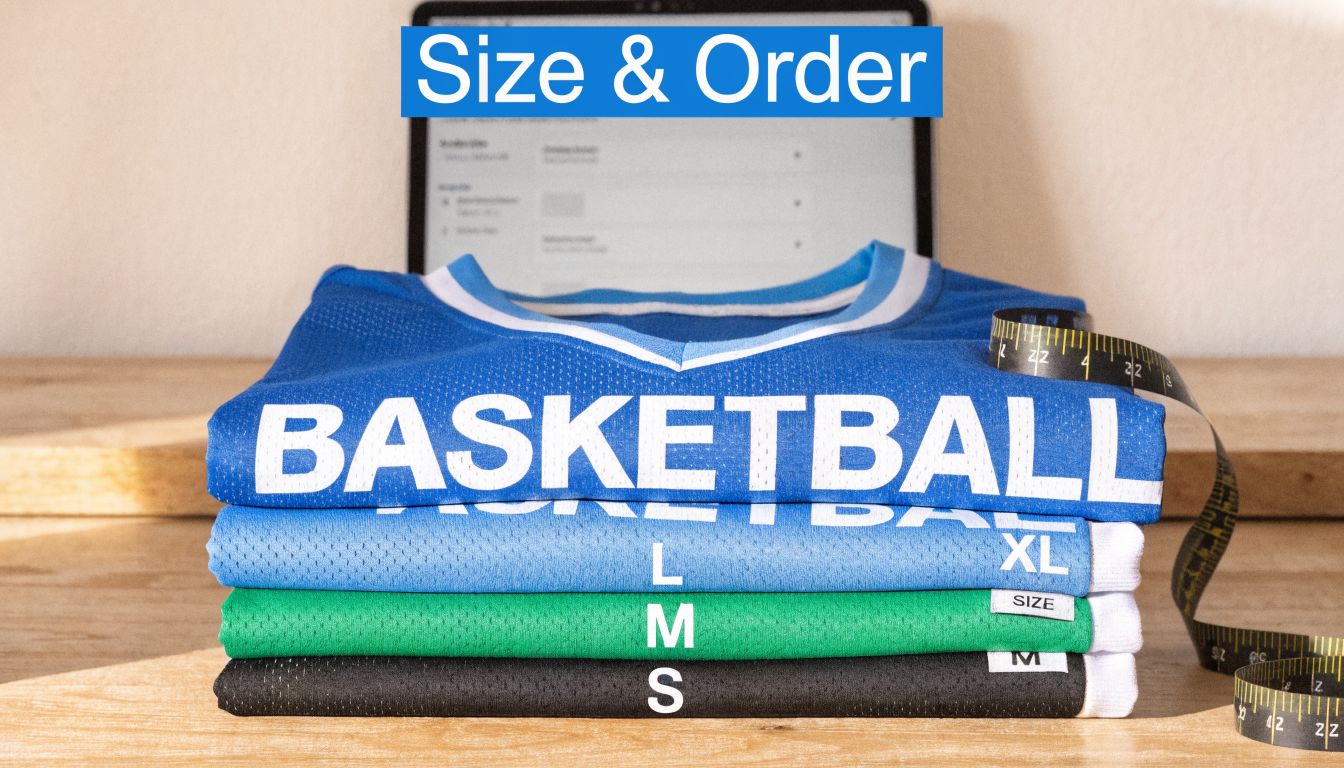 A stack of folded basketball jerseys in various colors with size labels displayed on a wooden surface.