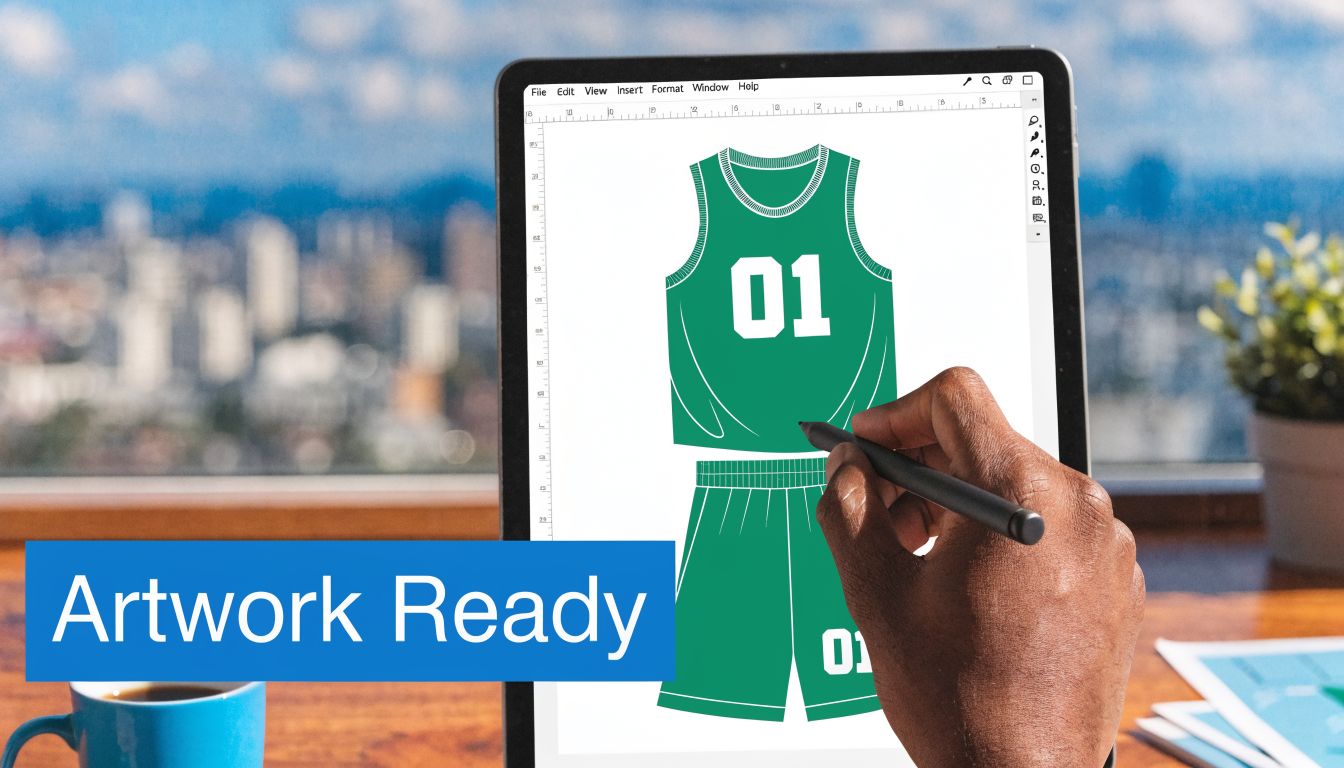 A person using a digital stylus to design custom basketball uniforms on a tablet screen.