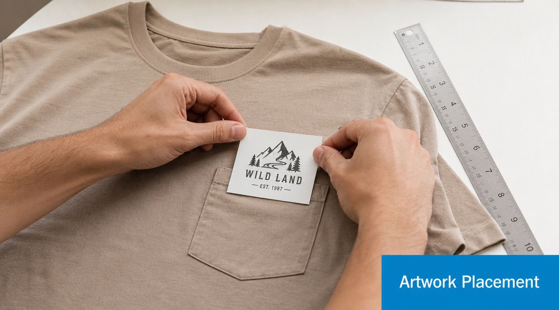 A person holding a logo design sample over the pocket of a beige custom t-shirt
