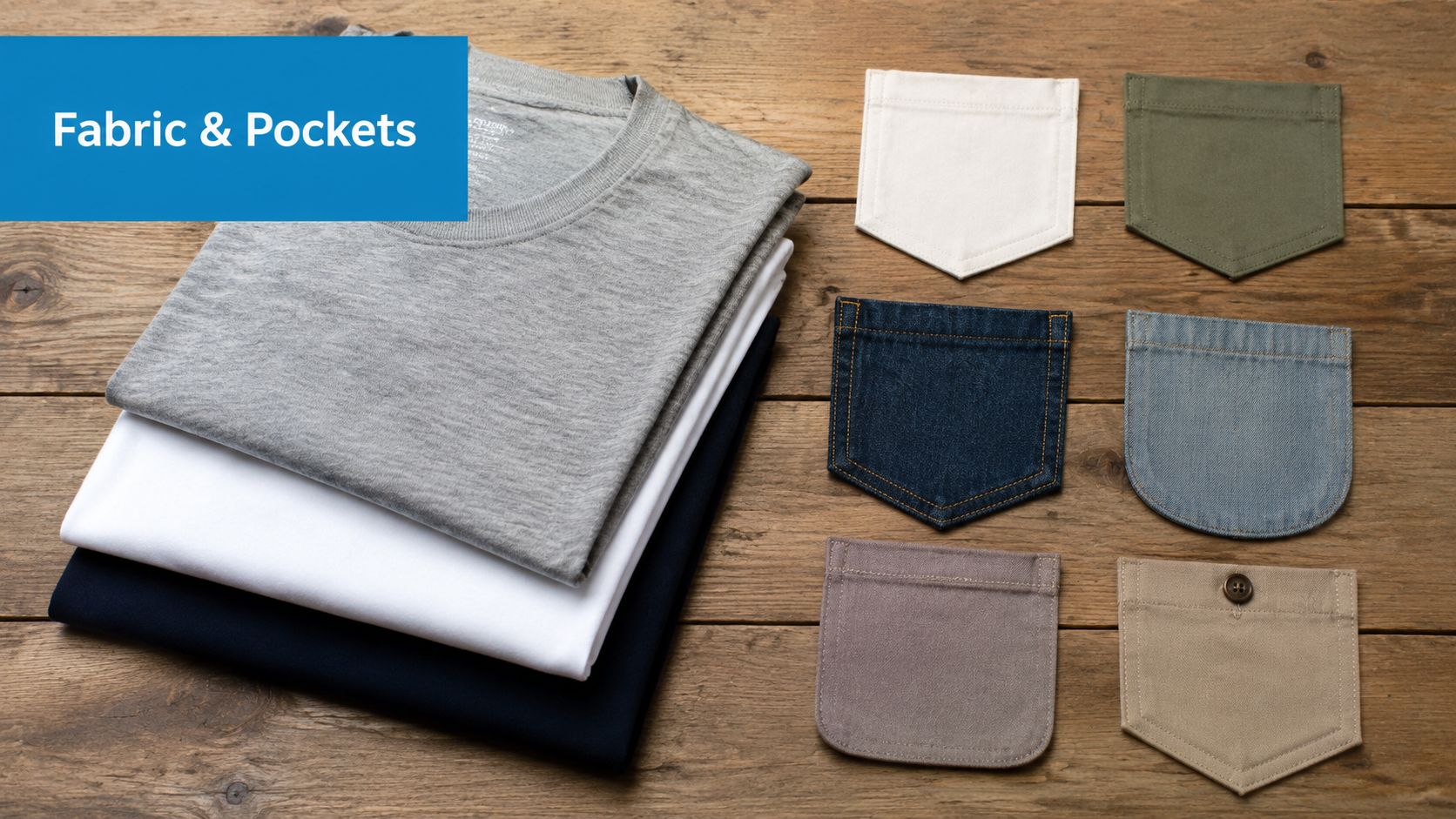 A stack of folded t-shirts alongside various fabric pocket styles arranged on a wooden background.