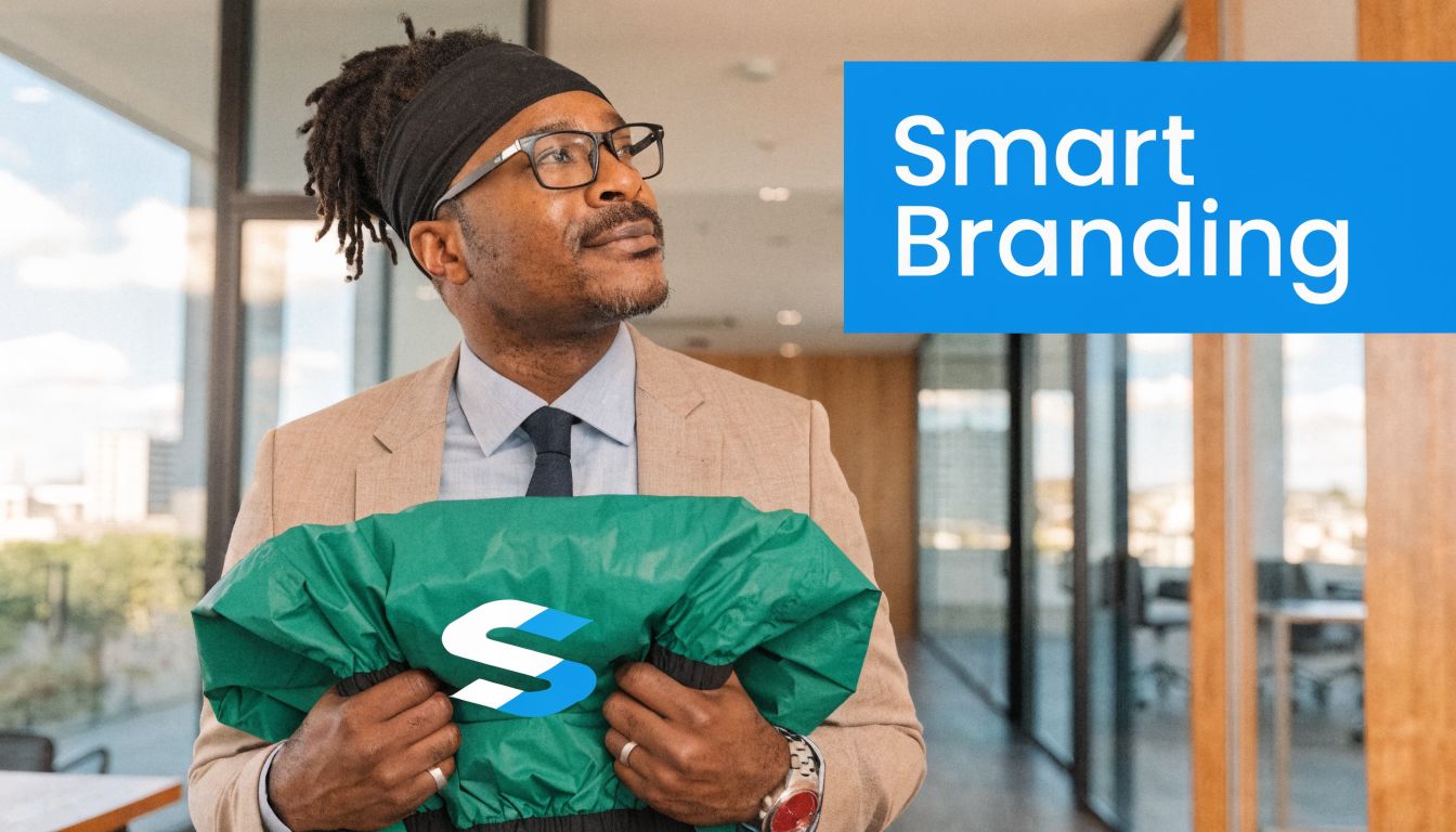 A professional man holding a green custom windbreaker jacket with a logo inside a modern office.