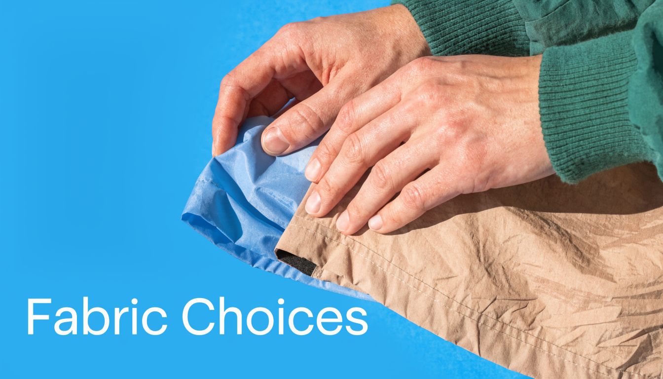 A person holding blue and tan fabric swatches against a vibrant blue background to showcase options.
