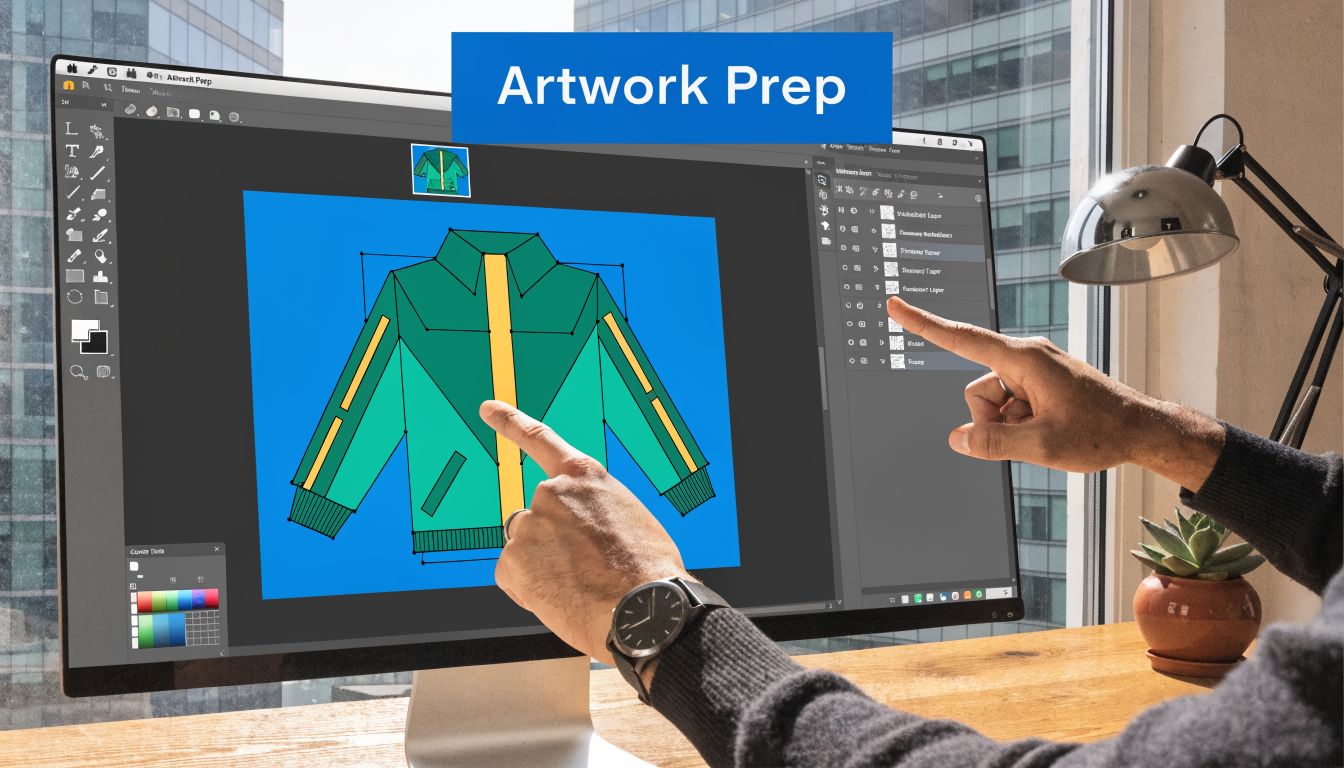 A person editing a custom green windbreaker jacket design on a large computer screen in an office.