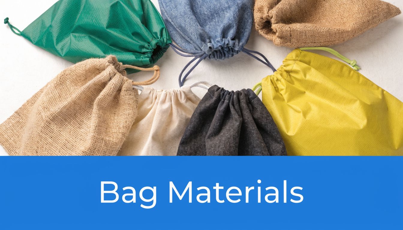 A collection of assorted drawstring bags made from various textures like burlap, denim, cotton, and synthetic materials.