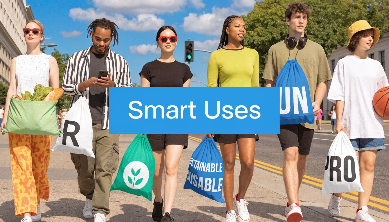 A diverse group of young adults walking down a city street while carrying various colorful drawstring bags.