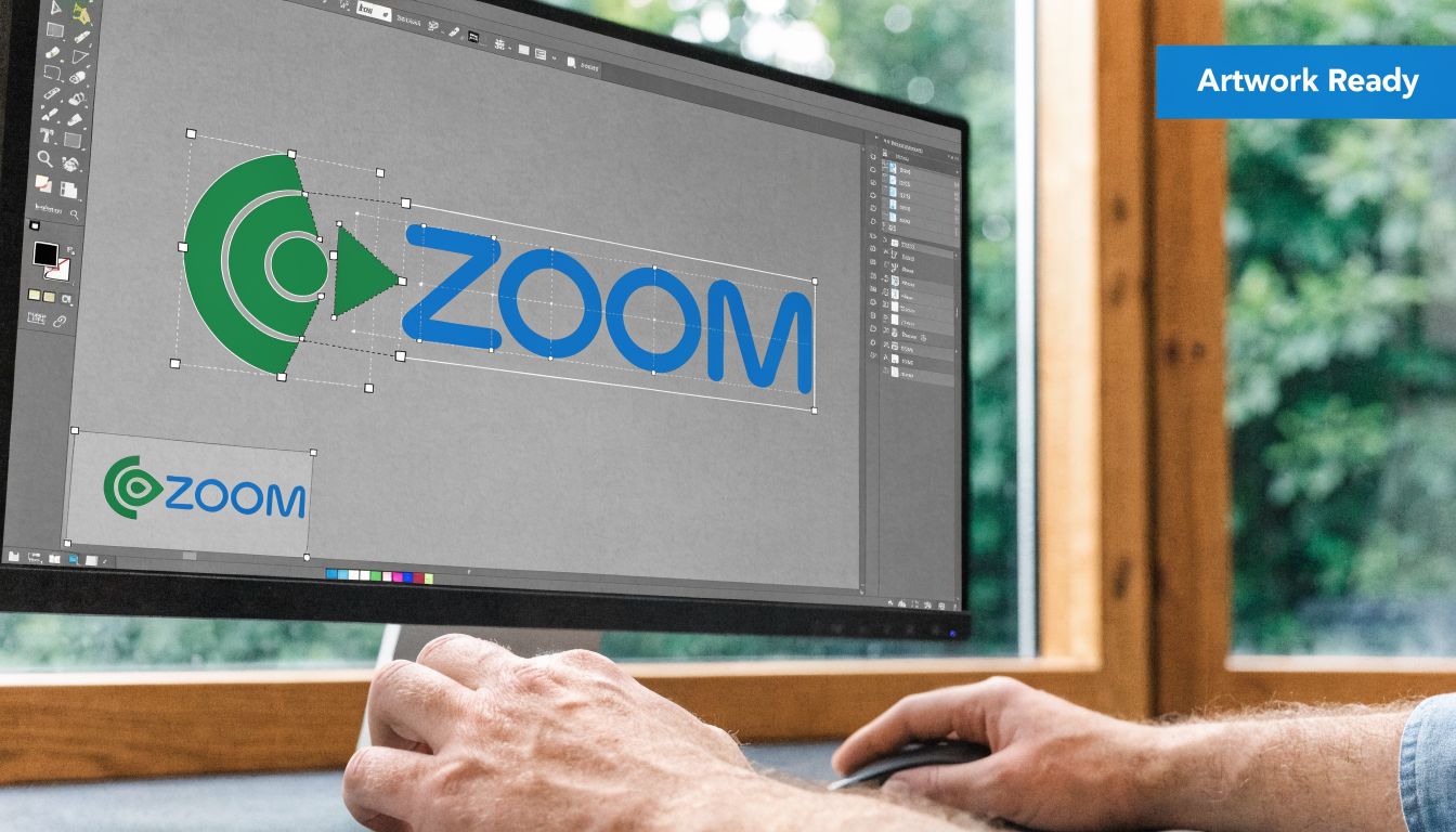 A graphic designer editing a Zoom logo design on a computer monitor with a hand using a mouse.