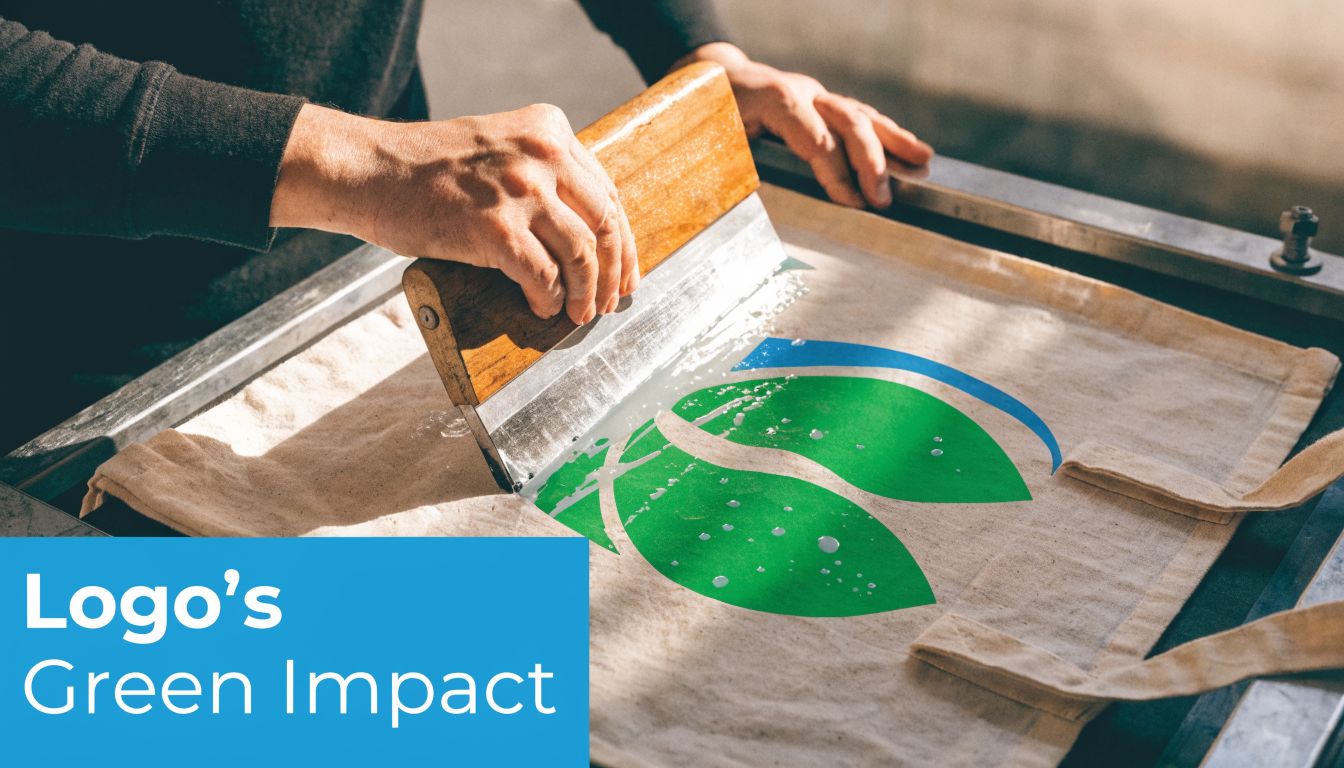 A screen printer carefully pulls a squeegee across a cloth bag featuring a green leaf logo.
