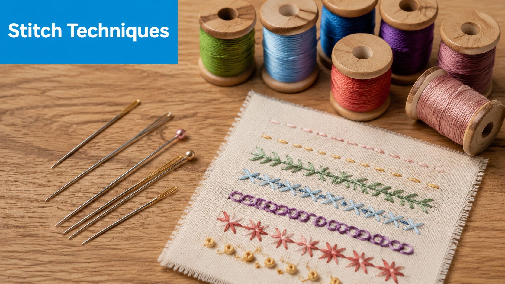A fabric square displays various embroidery stitch techniques beside sewing needles and colorful spools of thread.