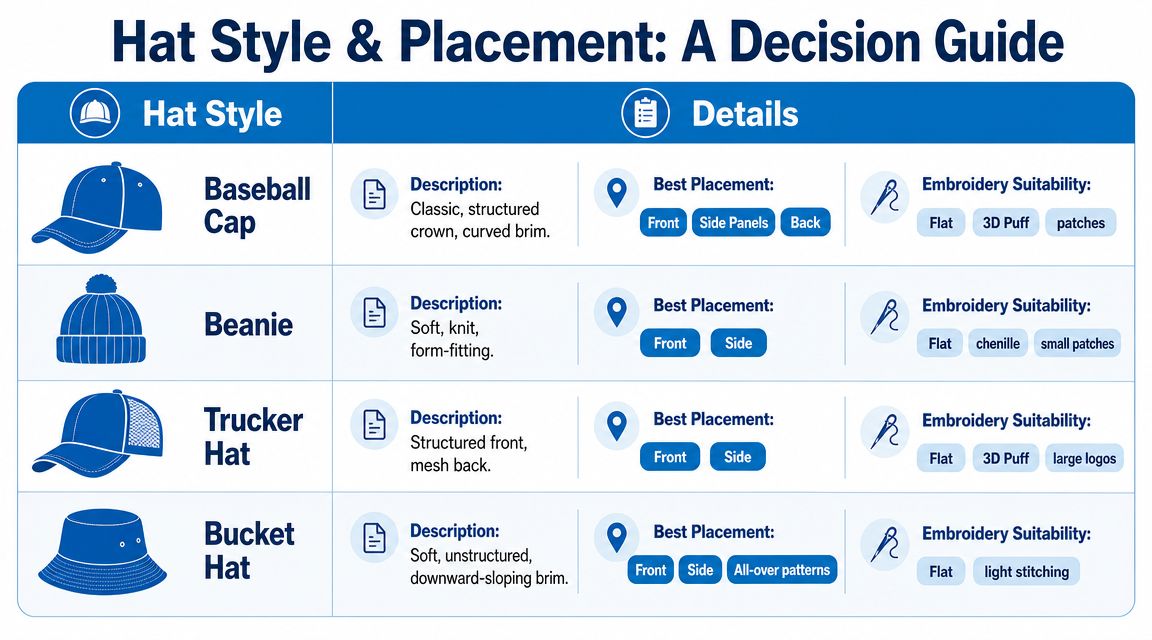 A decision guide chart displaying different hat styles, their descriptions, embroidery placements, and suitable embroidery techniques.