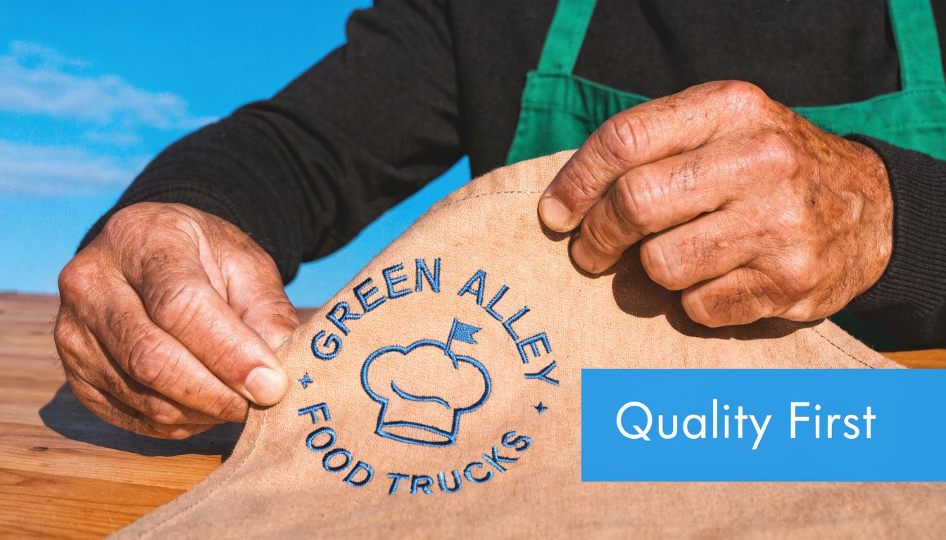 A close-up view of hands holding a branded apron with a chef hat logo for Green Alley food trucks.