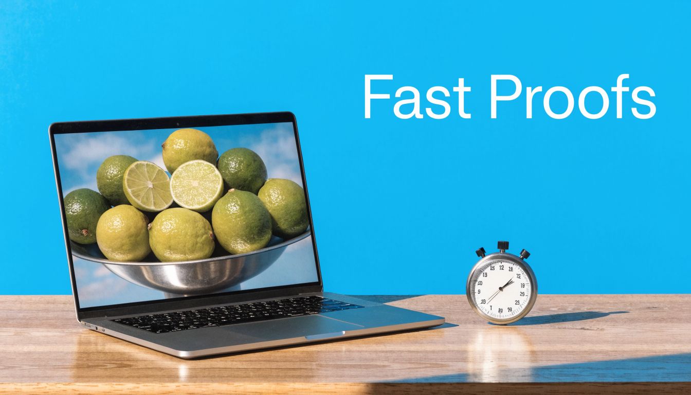 A laptop screen displaying a bowl of fresh limes next to a stopwatch on a wooden table.