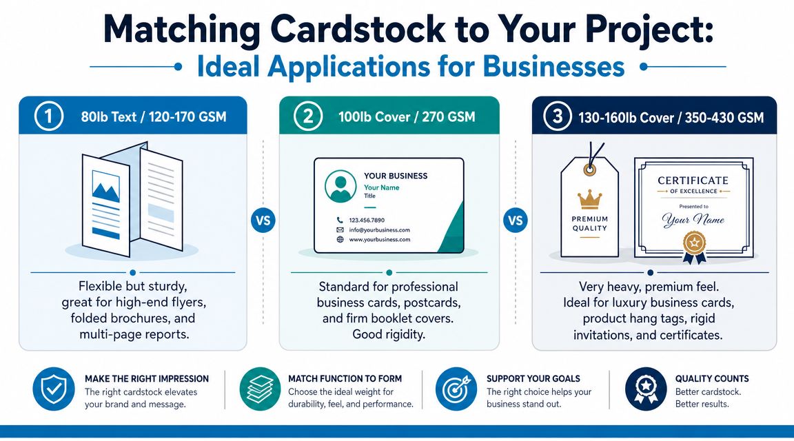 An infographic showing three different weights of cardstock and their best applications for various business products.