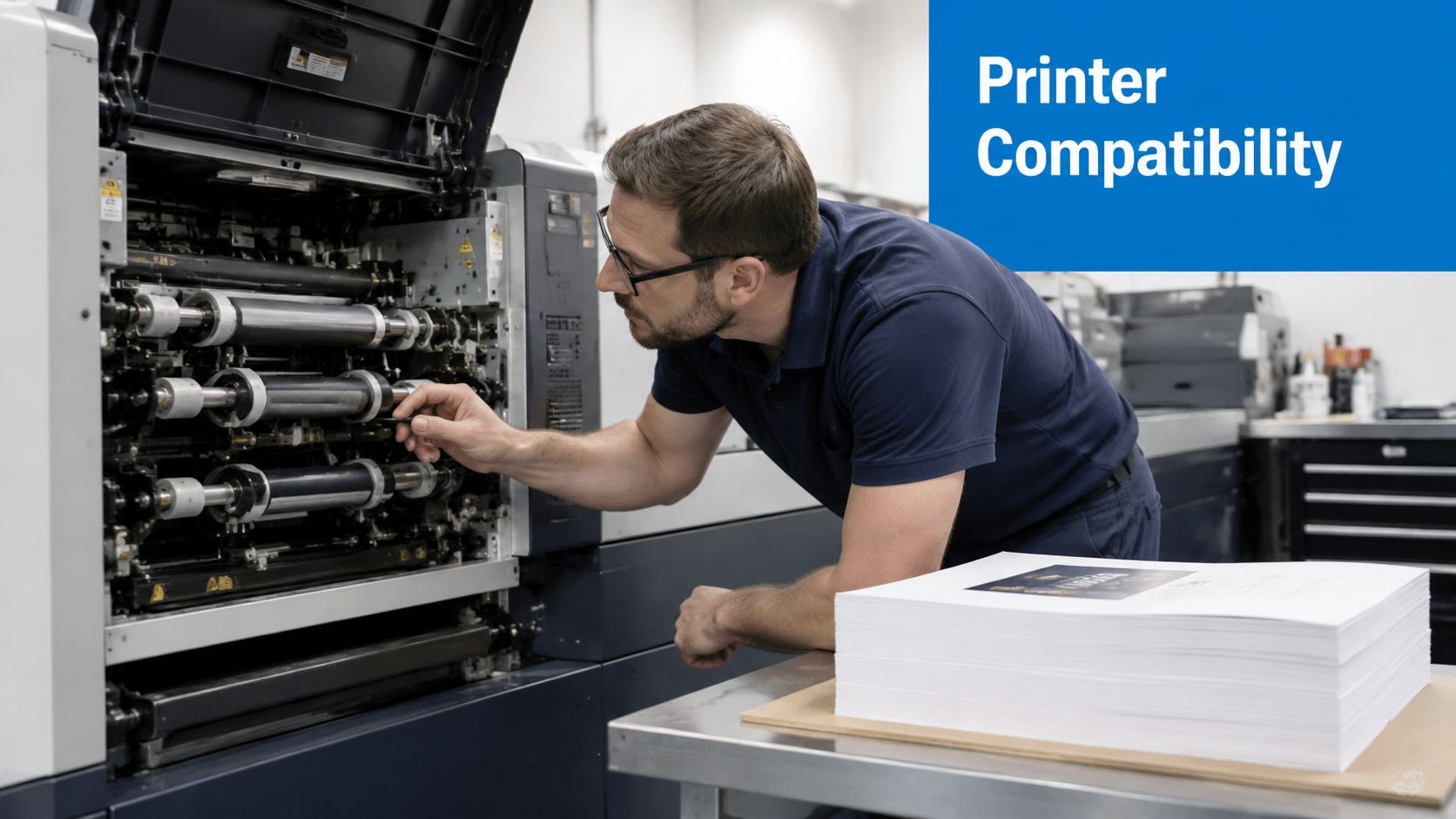 A technician inspects the inner rollers of a large industrial printer next to a stack of cardstock paper.