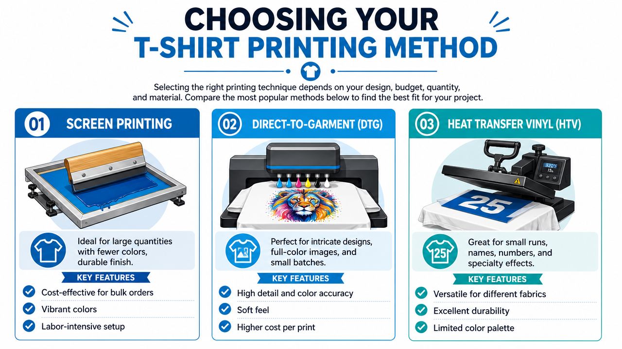A comparison infographic showing three popular T-shirt printing methods: Screen Printing, DTG, and Heat Transfer Vinyl.