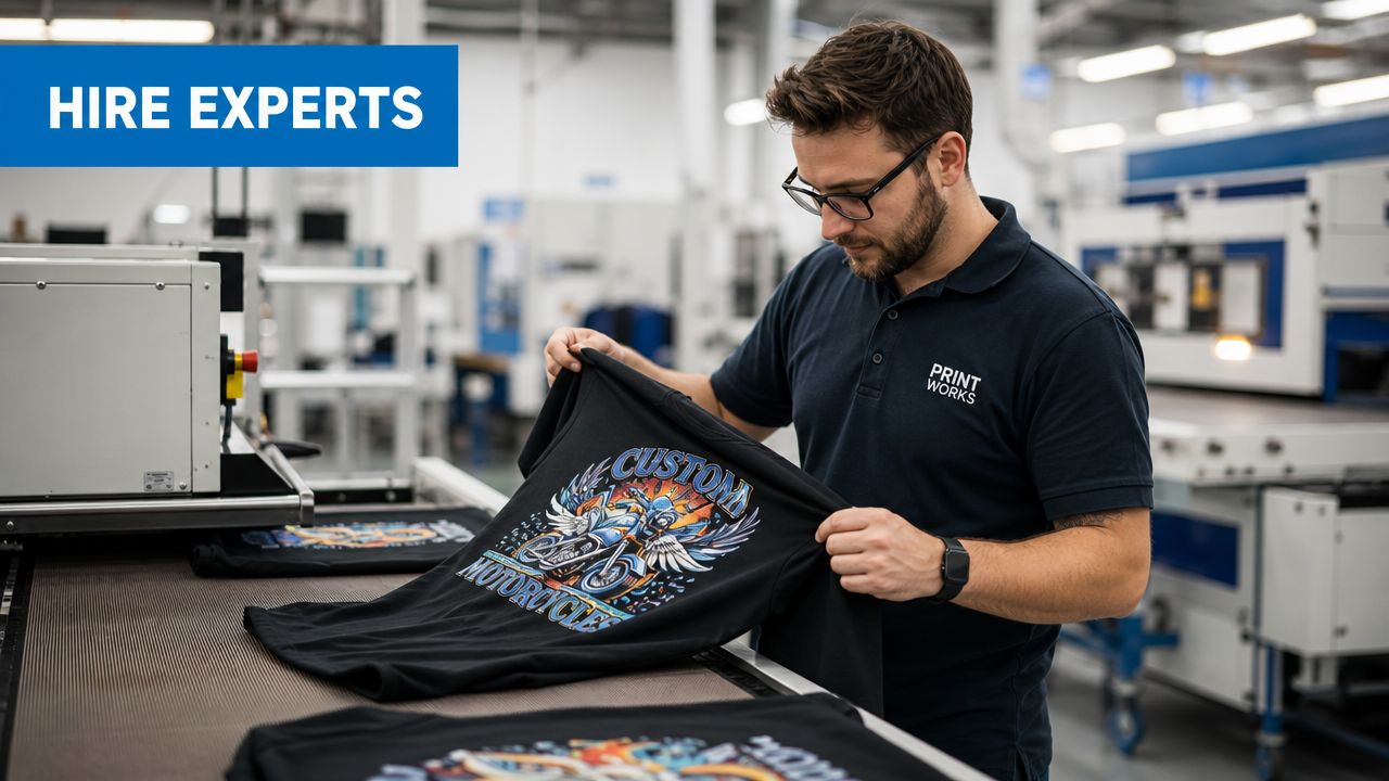 A professional printer employee holding a custom designed black t-shirt in a modern printing factory facility.