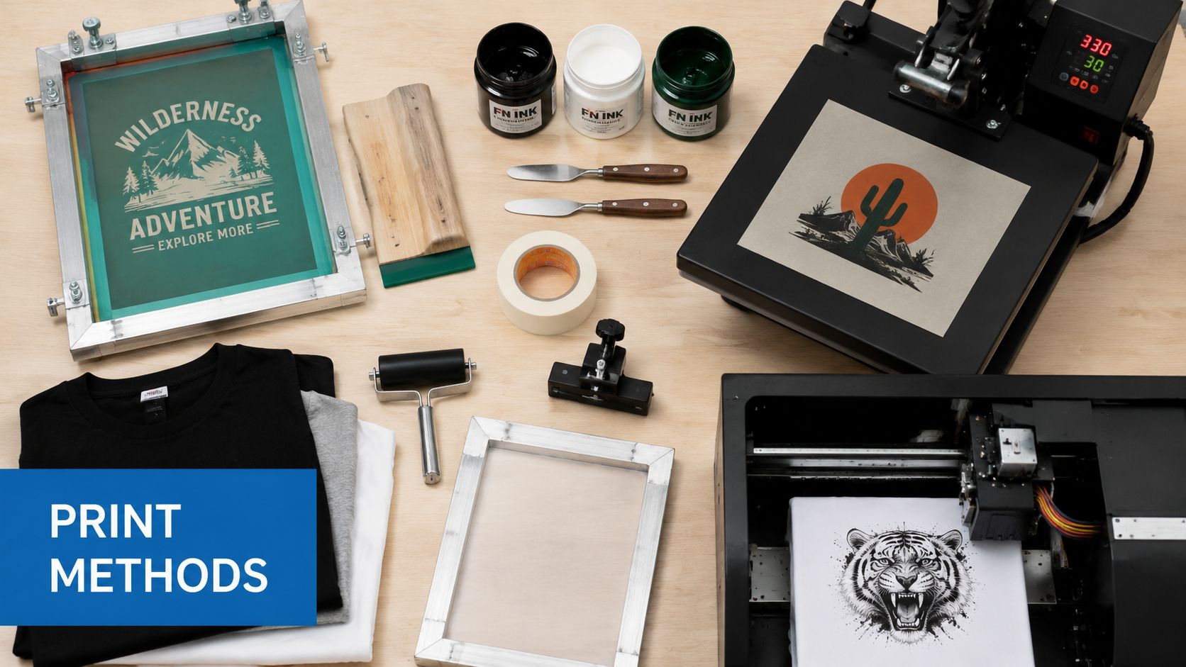 A flat lay of various screen printing and heat press equipment used for custom apparel printing.
