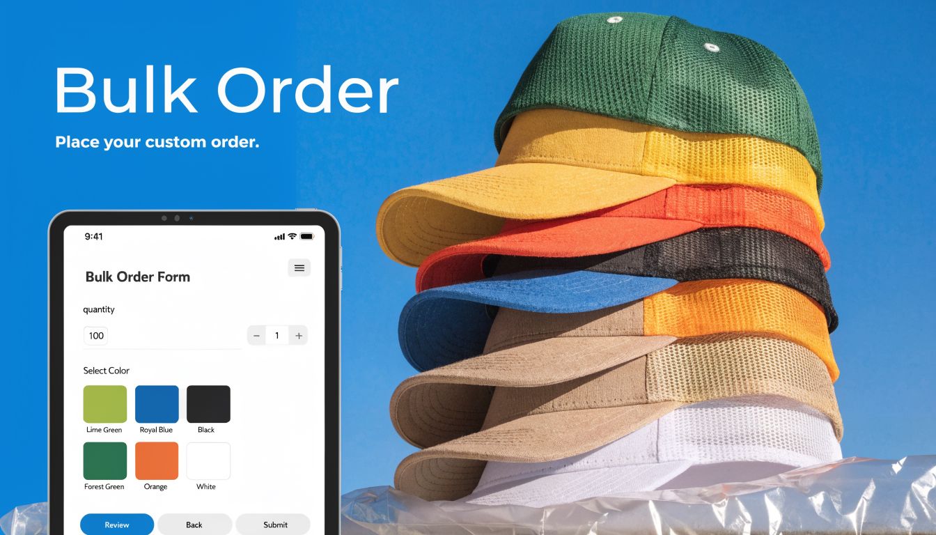 A digital tablet displaying a bulk order form alongside a vertical stack of colorful mesh baseball hats.