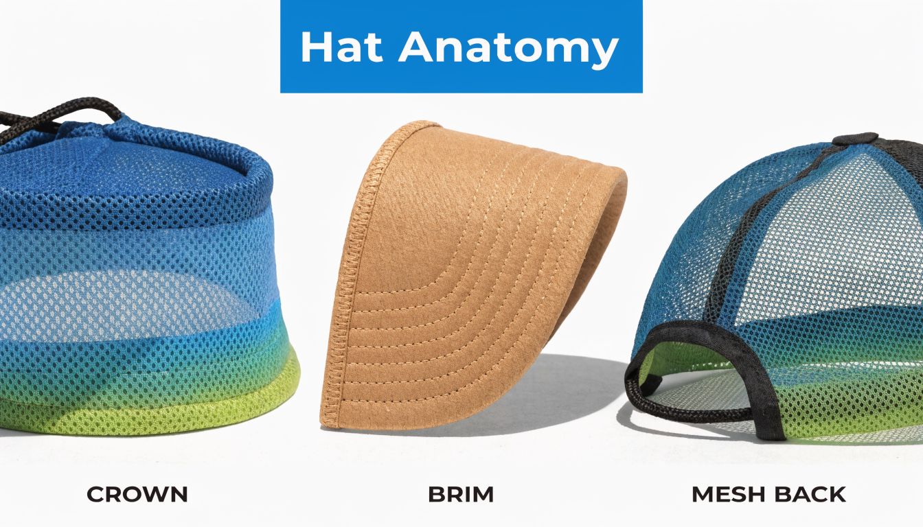 An educational graphic titled Hat Anatomy showing a crown, brim, and mesh back of a hat.