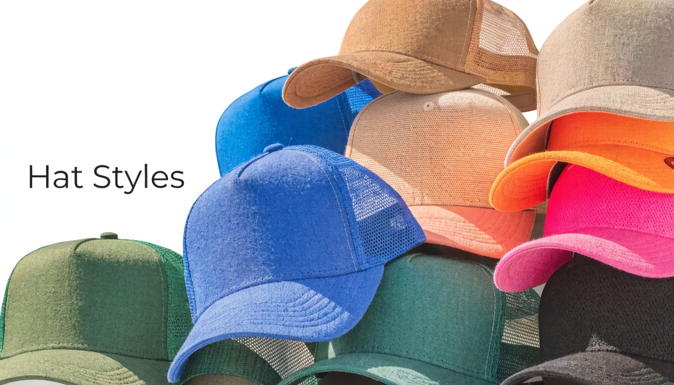 A diverse stack of colorful mesh trucker hats arranged on a white background with a text overlay.