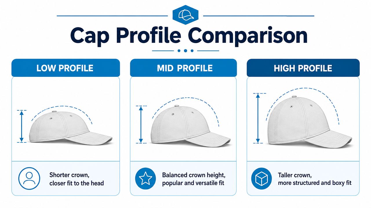 A comparison chart showing the differences between low, mid, and high profile cap crown heights.
