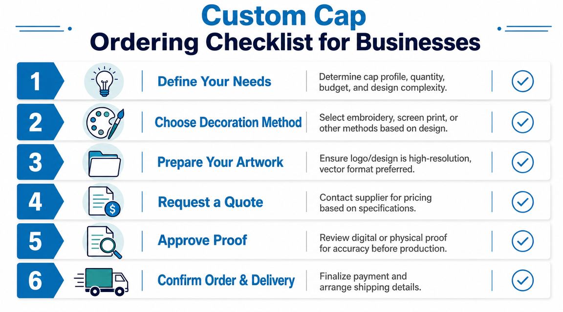 A numbered checklist showing the six key steps for businesses ordering custom branded caps.