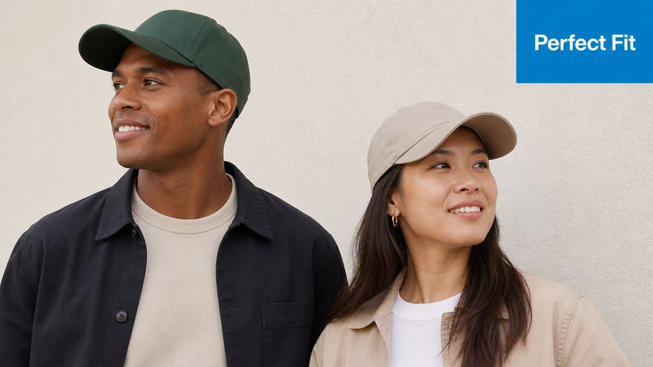 A man and woman wearing stylish baseball caps posing together against a plain white wall.