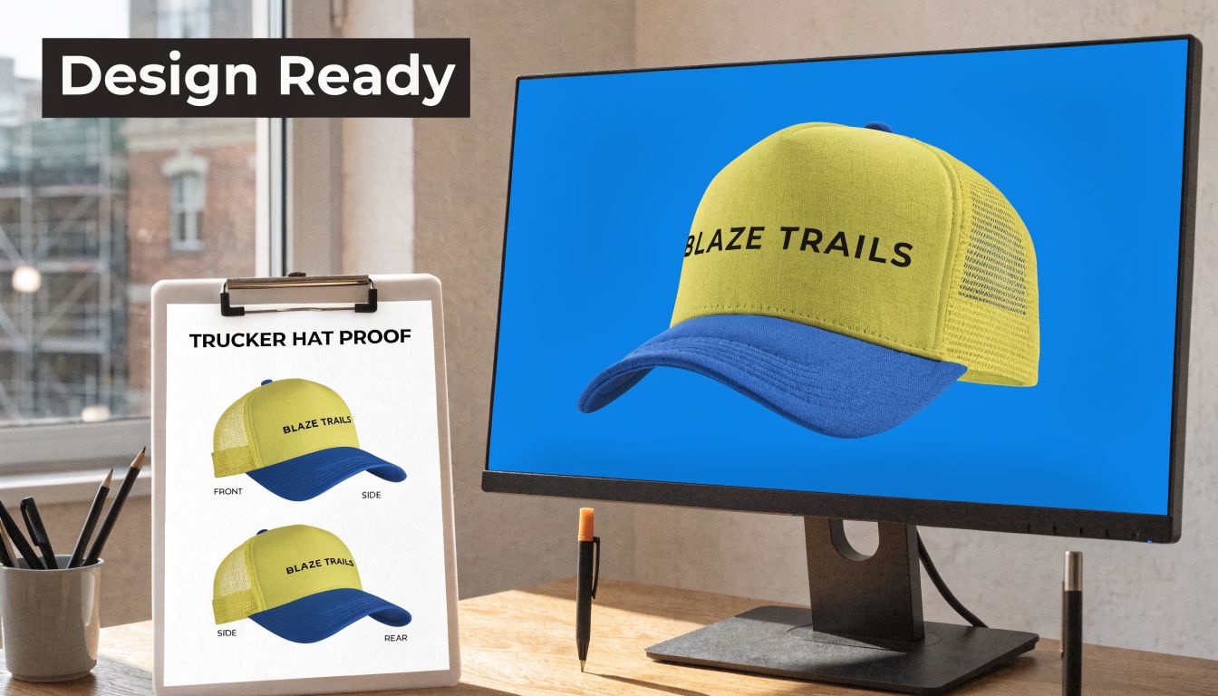 A computer screen showing a digital mockup of a neon yellow and blue Blaze Trails trucker hat.