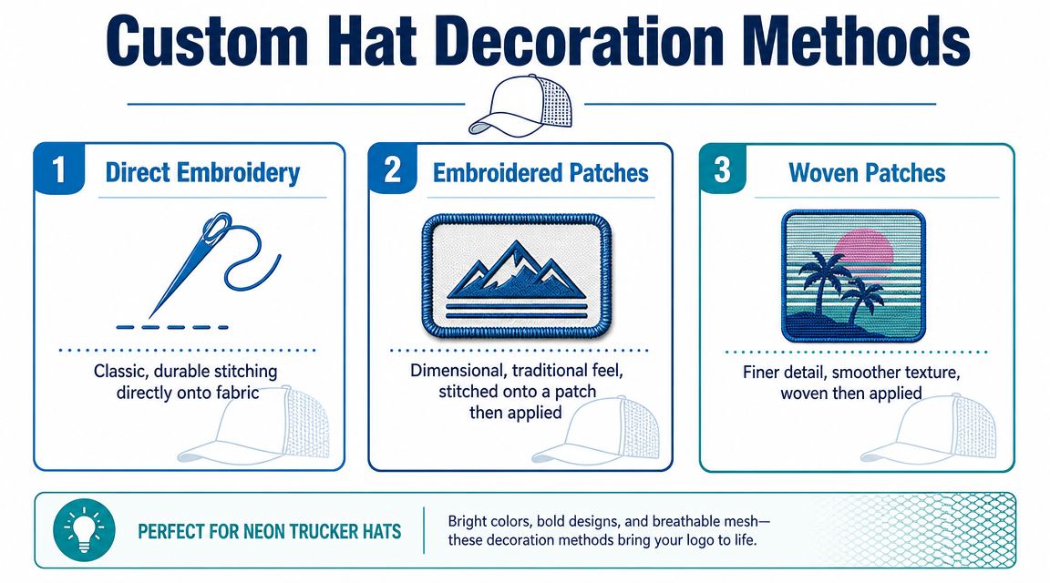 An infographic displaying three custom decoration methods for neon trucker hats: direct embroidery, embroidered patches, and woven patches.