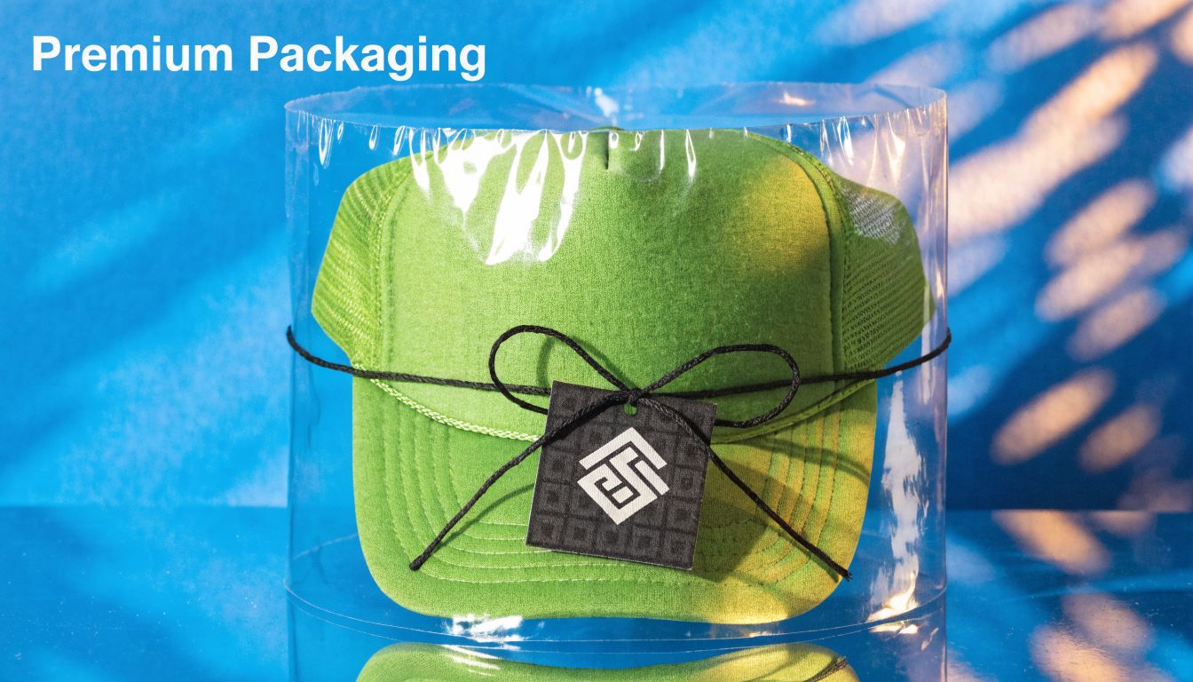 A lime green trucker hat displayed inside clear premium packaging with a branded tag on a blue background.