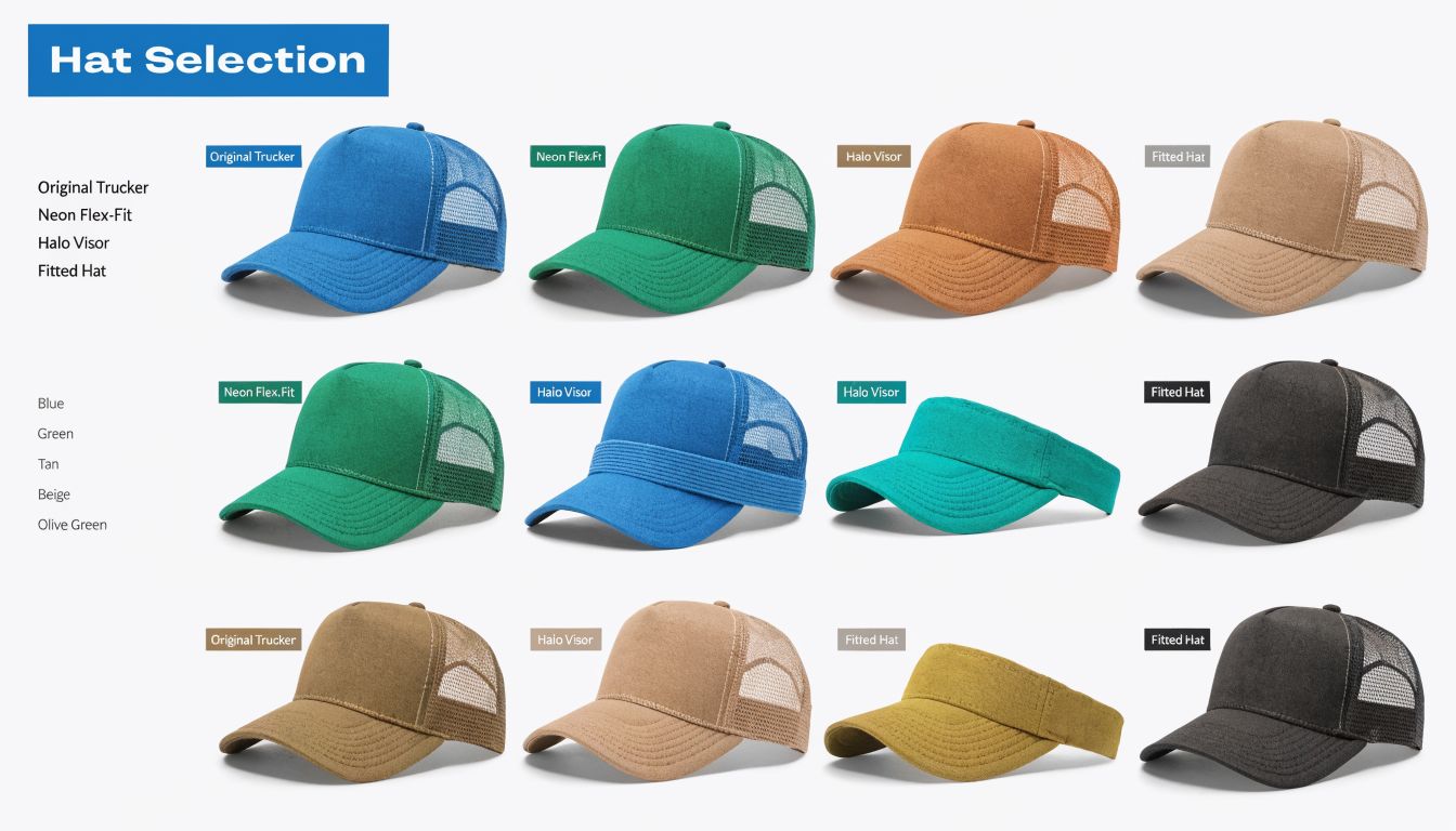 A product selection grid featuring various styles of colorful trucker hats, visors, and fitted caps.