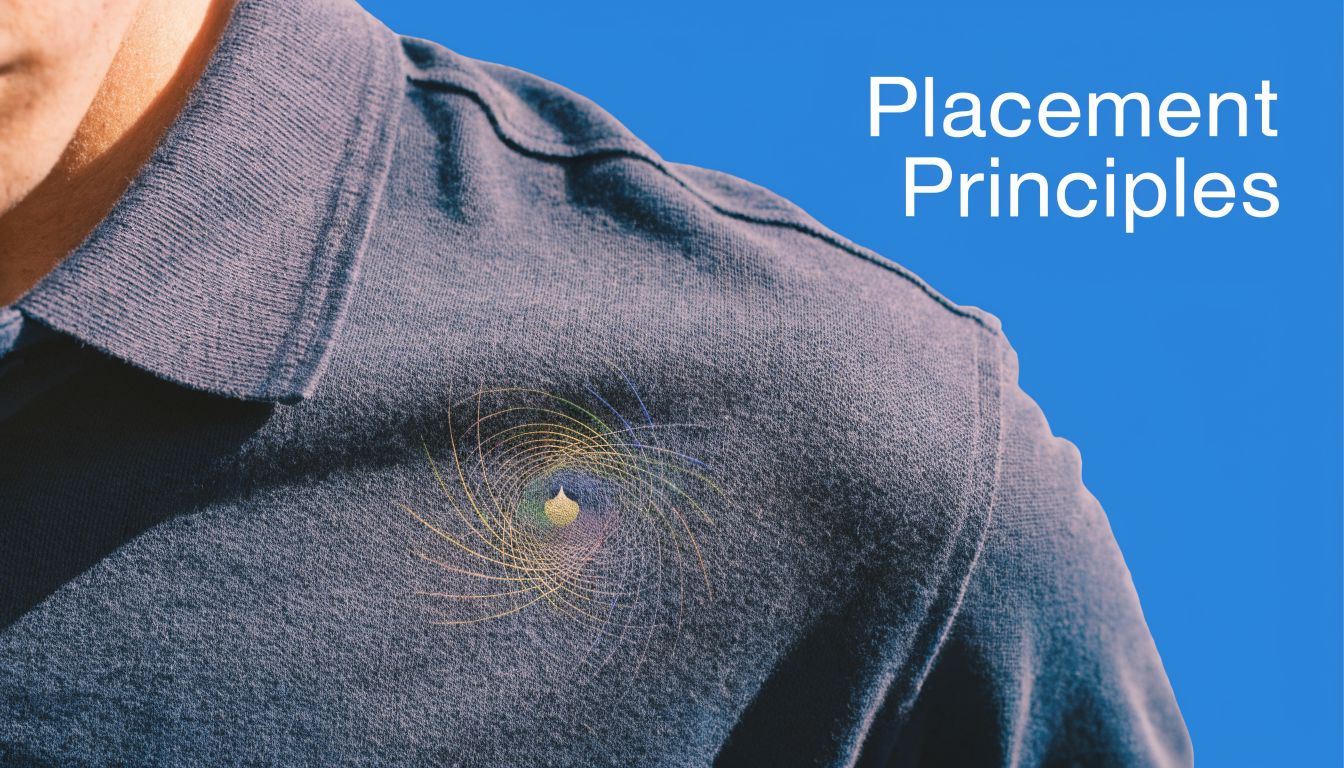 A close-up of a person wearing a blue polo shirt featuring a spiral, multicolor embroidered logo.