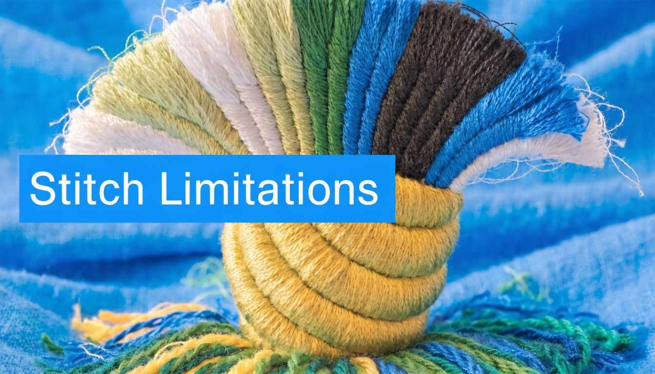 A colorful embroidery thread design fanned out against a blue fabric background with the text Stitch Limitations.