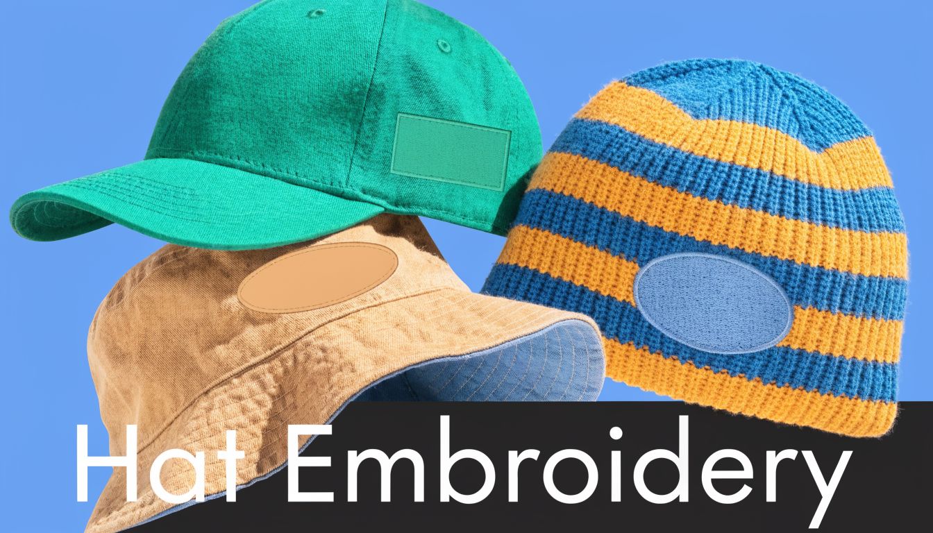 A green baseball cap, a tan bucket hat, and a blue and yellow striped beanie on blue.