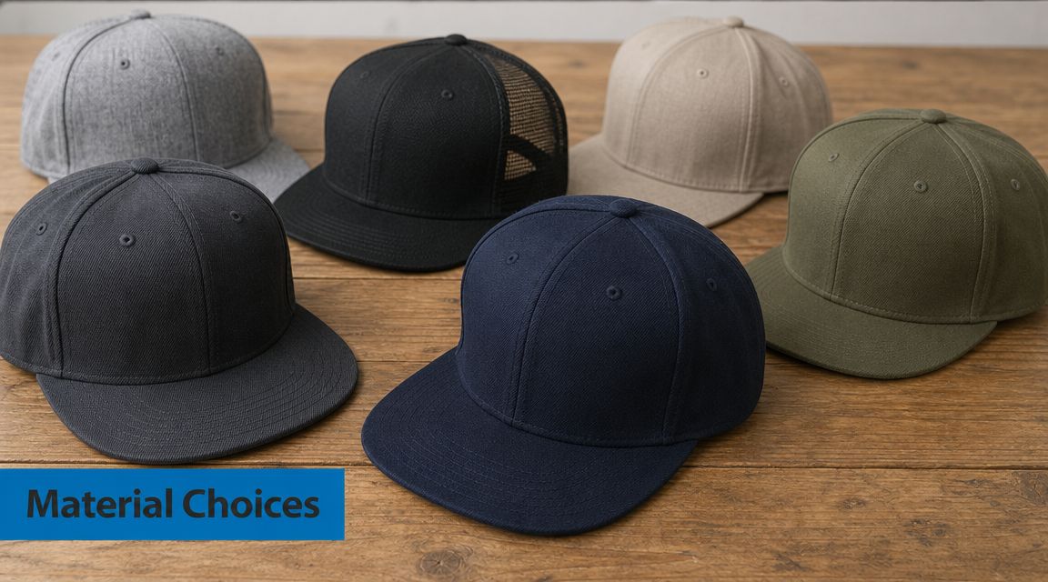 A collection of plain snapback hats in various colors arranged on a rustic wooden table surface.
