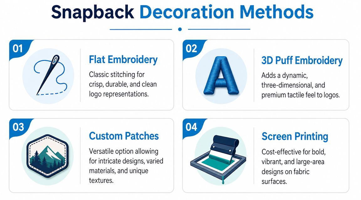 A diagram displaying four different decoration methods for snapback hats, including embroidery, patches, and screen printing.